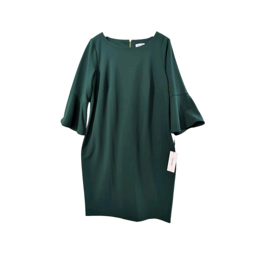 Calvin Klein Sheath Dress 16W Green Stretch Bell Sleeve Business Cocktail Party